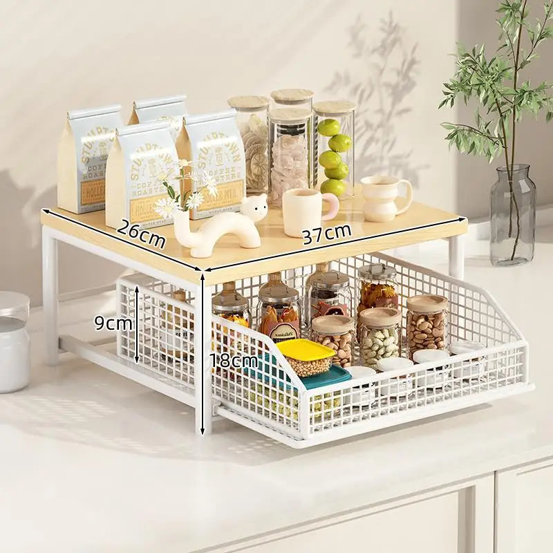 Kitchen Desktop Multi-layer Organizer Rack Tea Bag Cup Storage Box Drawer Divider Snack Cup Holder Wood Material Living Room