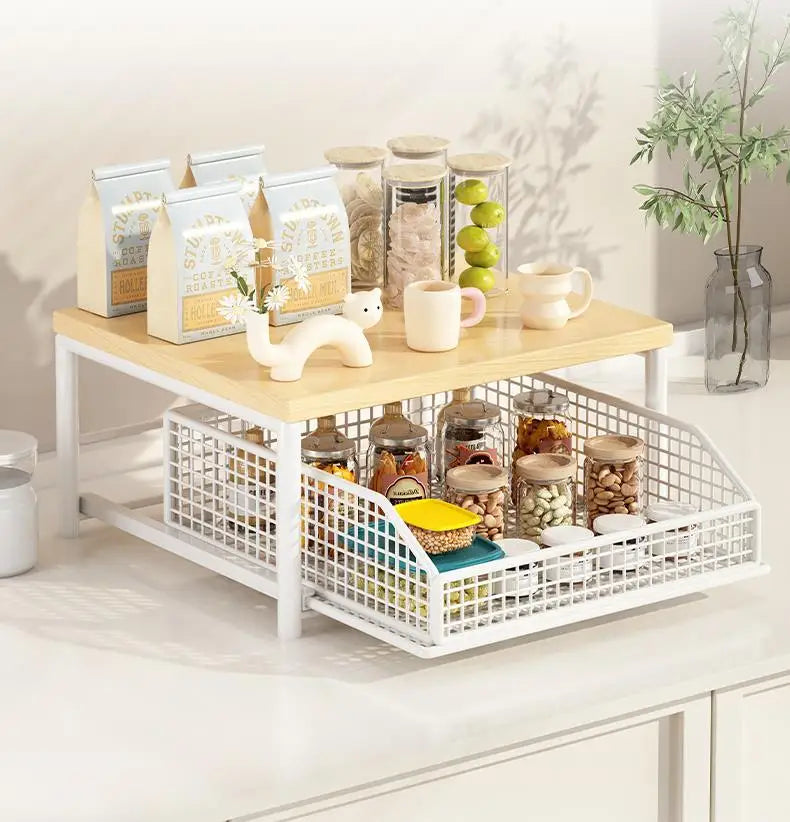 Kitchen Desktop Multi-layer Organizer Rack Tea Bag Cup Storage Box Drawer Divider Snack Cup Holder Wood Material Living Room