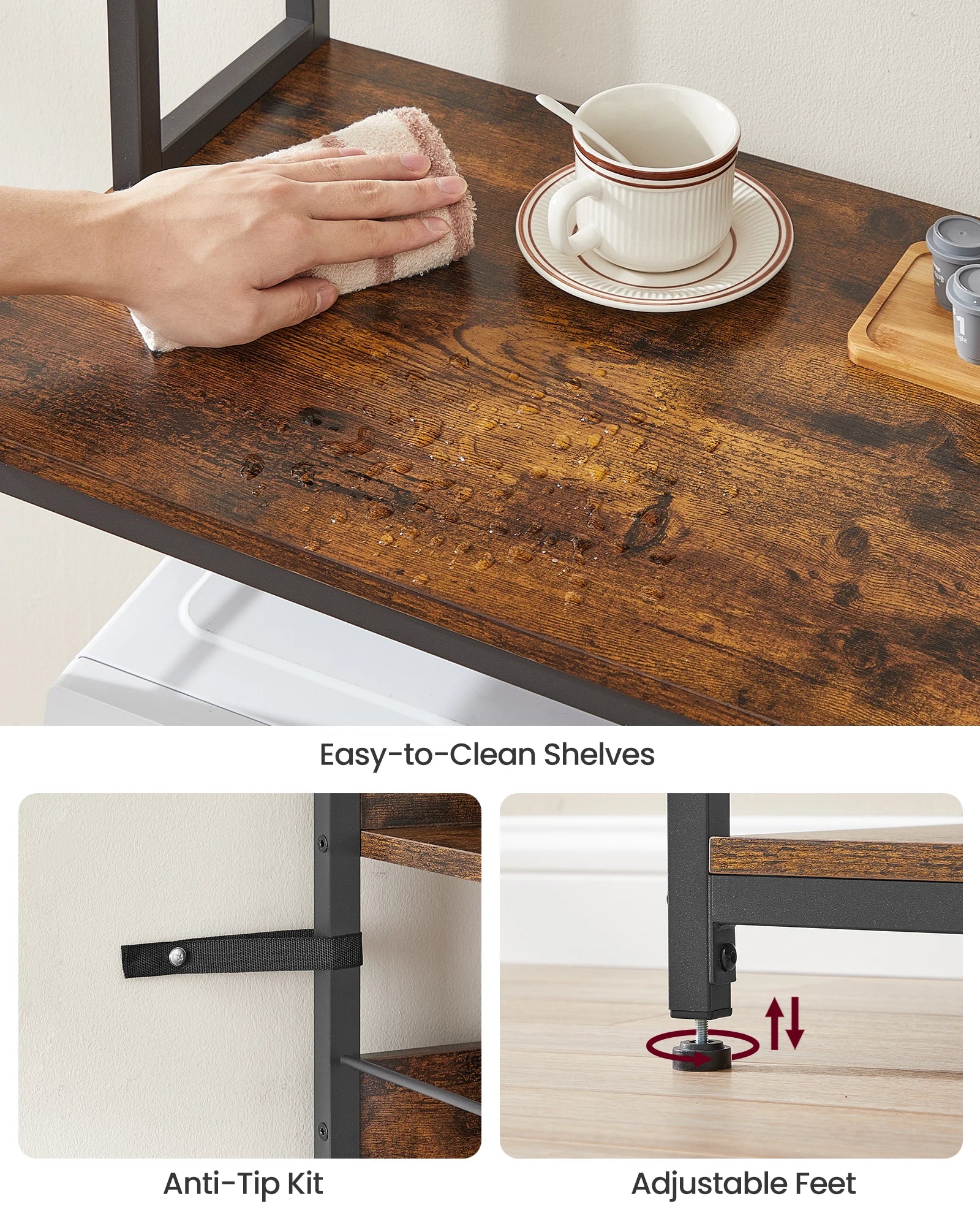 Kitchen Shelf with 6 Hooks and Metal Frame Kitchen Storage Rack Industrial Design Microwave Shelf