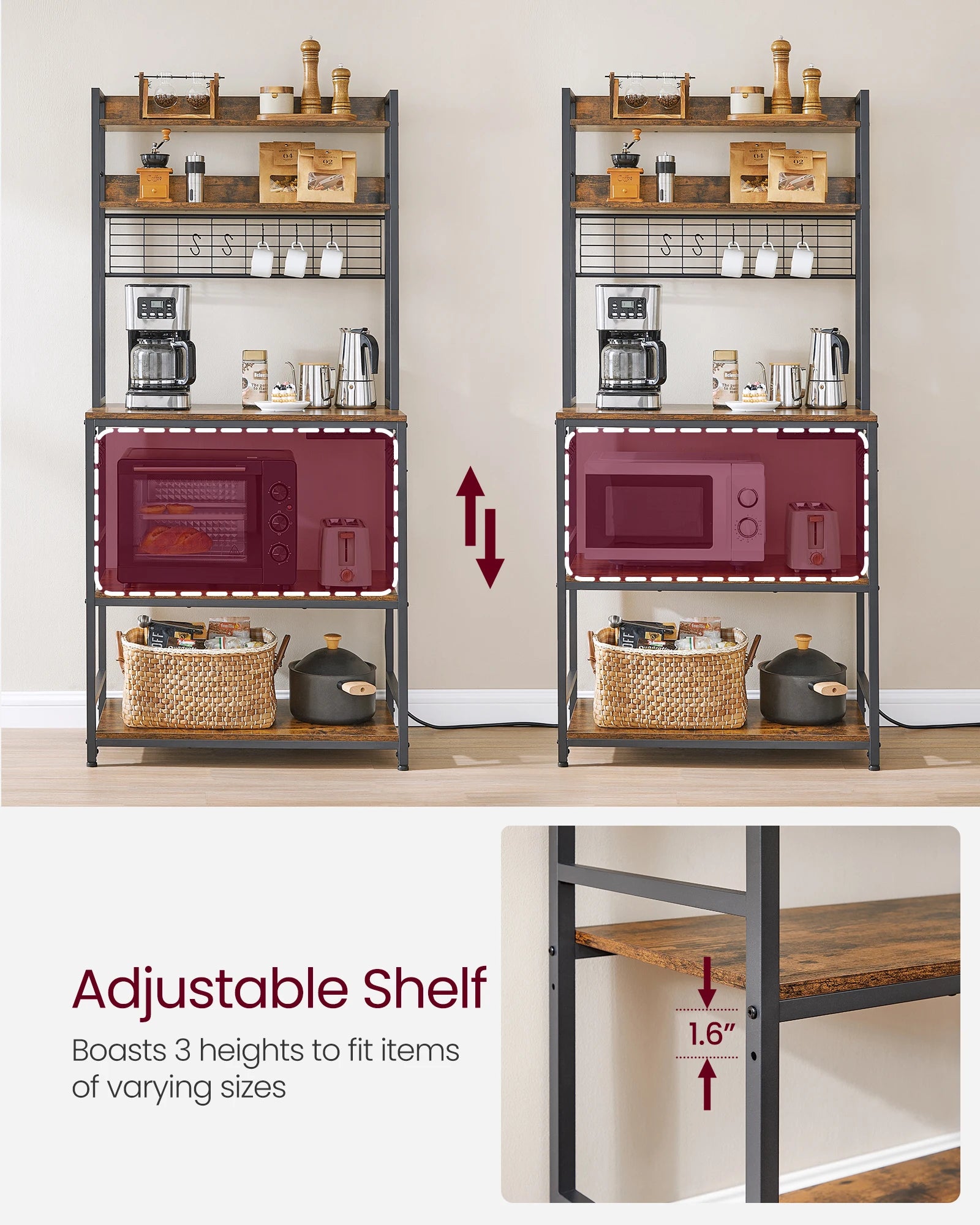 Kitchen Shelf with 6 Hooks and Metal Frame Kitchen Storage Rack Industrial Design Microwave Shelf