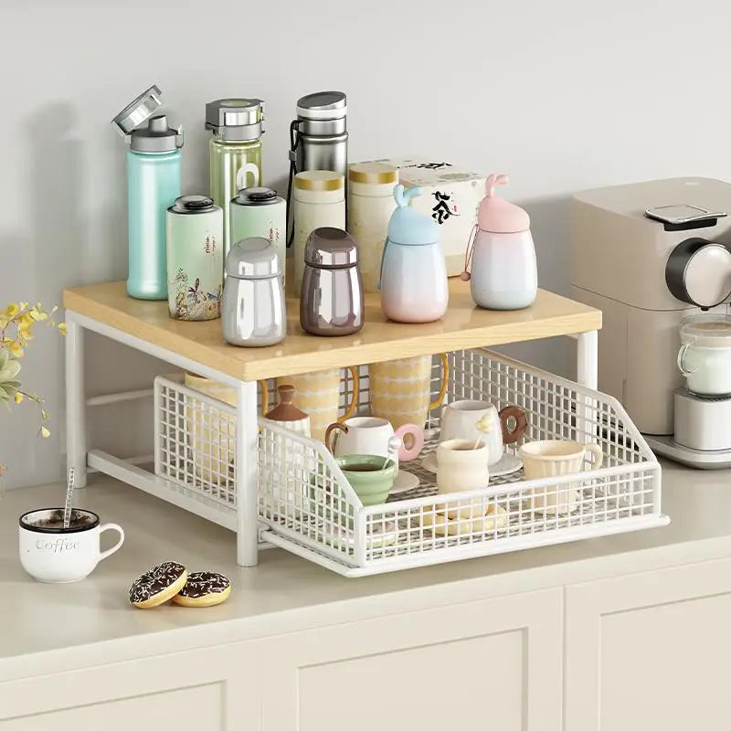 Kitchen Desktop Multi-layer Organizer Rack Tea Bag Cup Storage Box Drawer Divider Snack Cup Holder Wood Material Living Room