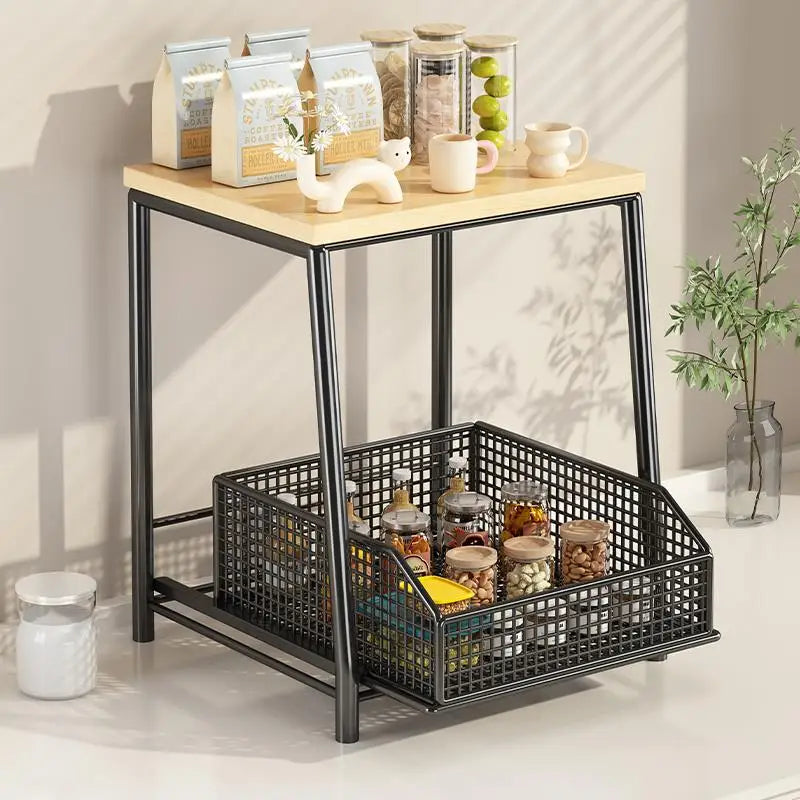 Kitchen Desktop Multi-layer Organizer Rack Tea Bag Cup Storage Box Drawer Divider Snack Cup Holder Wood Material Living Room