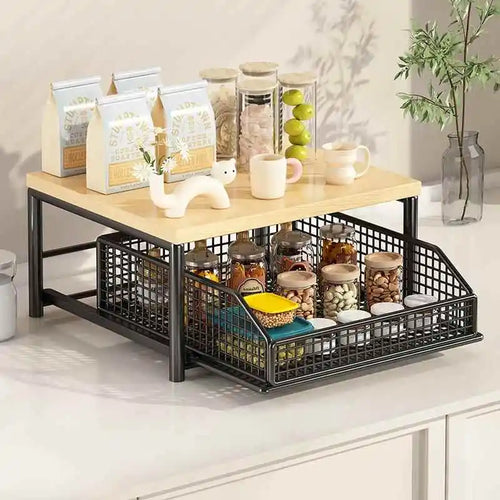 Kitchen Desktop Multi-layer Organizer Rack Tea Bag Cup Storage Box Drawer Divider Snack Cup Holder Wood Material Living Room