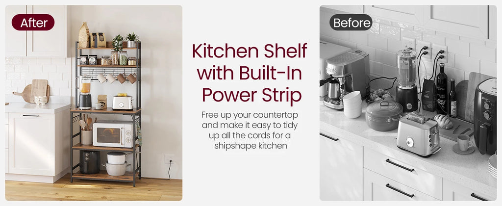 Kitchen Shelf with 6 Hooks and Metal Frame Kitchen Storage Rack Industrial Design Microwave Shelf