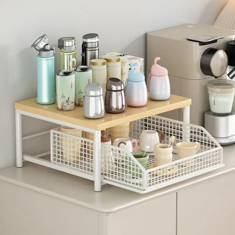 Kitchen Desktop Multi-layer Organizer Rack Tea Bag Cup Storage Box Drawer Divider Snack Cup Holder Wood Material Living Room