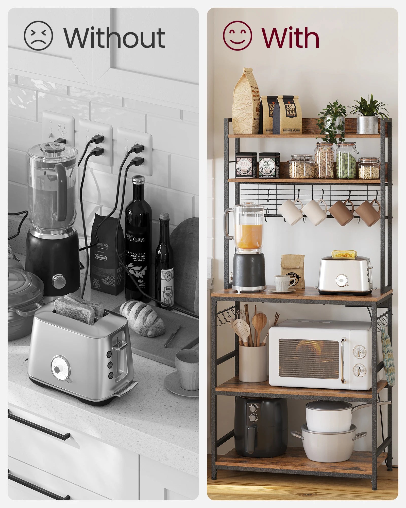 Kitchen Shelf with 6 Hooks and Metal Frame Kitchen Storage Rack Industrial Design Microwave Shelf