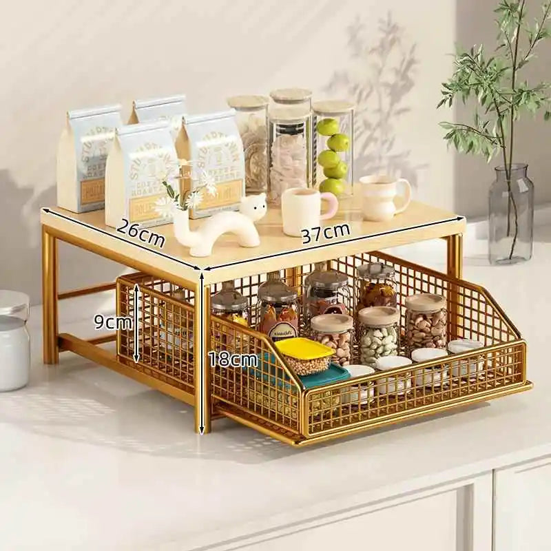 Kitchen Desktop Multi-layer Organizer Rack Tea Bag Cup Storage Box Drawer Divider Snack Cup Holder Wood Material Living Room