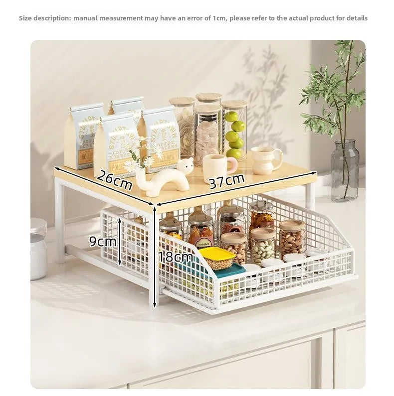 Kitchen Desktop Multi-layer Organizer Rack Tea Bag Cup Storage Box Drawer Divider Snack Cup Holder Wood Material Living Room