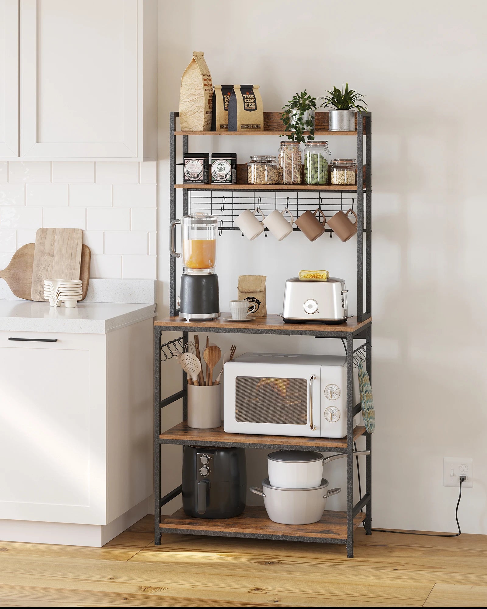 Kitchen Shelf with 6 Hooks and Metal Frame Kitchen Storage Rack Industrial Design Microwave Shelf