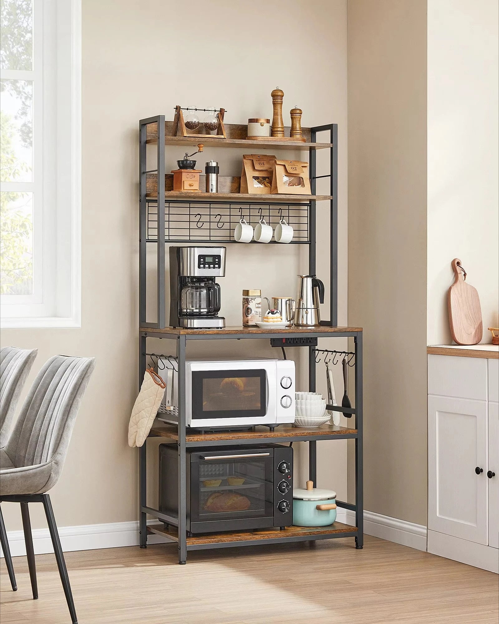 Kitchen Shelf with 6 Hooks and Metal Frame Kitchen Storage Rack Industrial Design Microwave Shelf