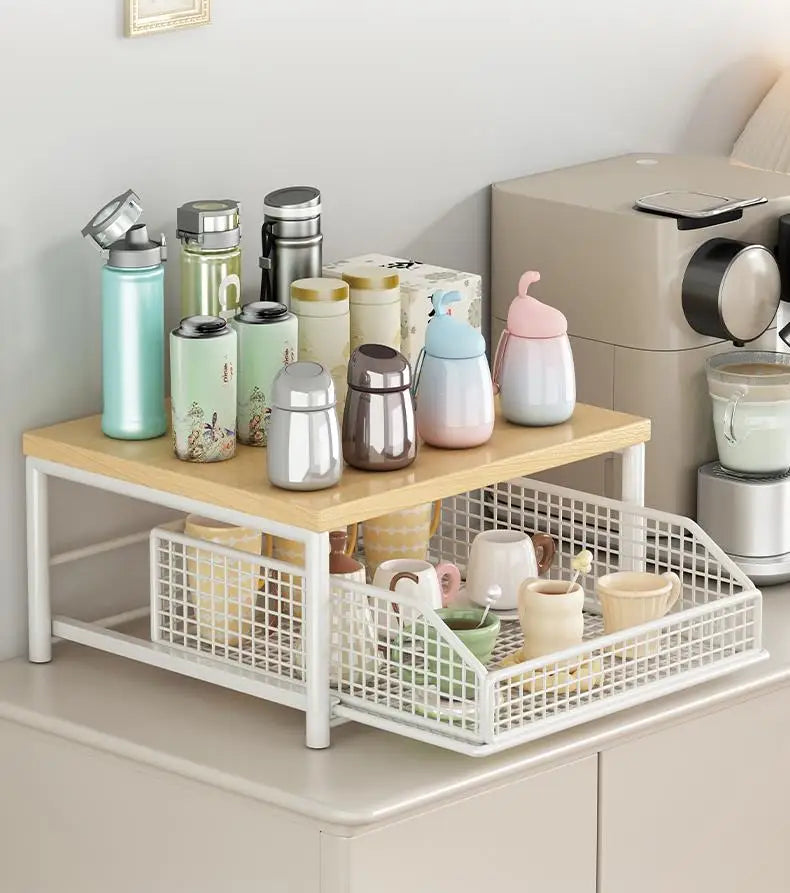 Kitchen Desktop Multi-layer Organizer Rack Tea Bag Cup Storage Box Drawer Divider Snack Cup Holder Wood Material Living Room