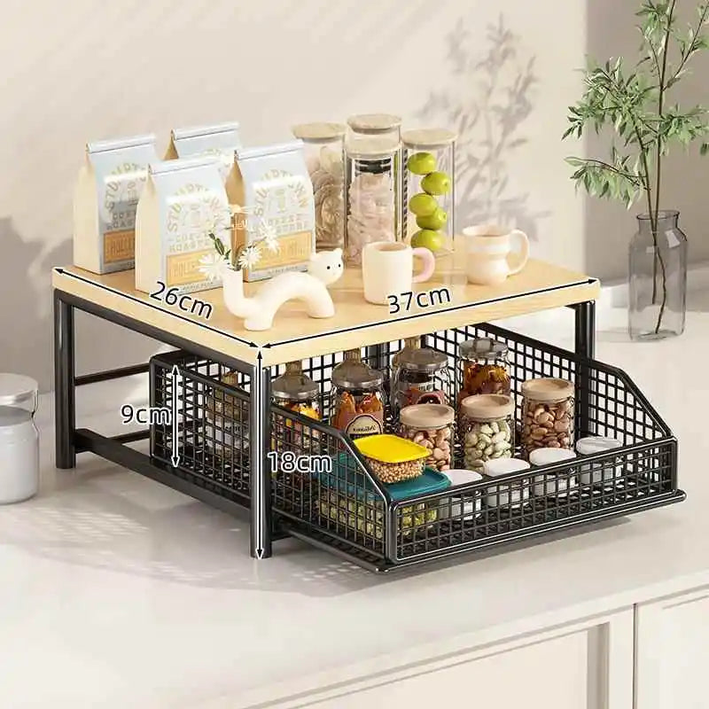 Kitchen Desktop Multi-layer Organizer Rack Tea Bag Cup Storage Box Drawer Divider Snack Cup Holder Wood Material Living Room