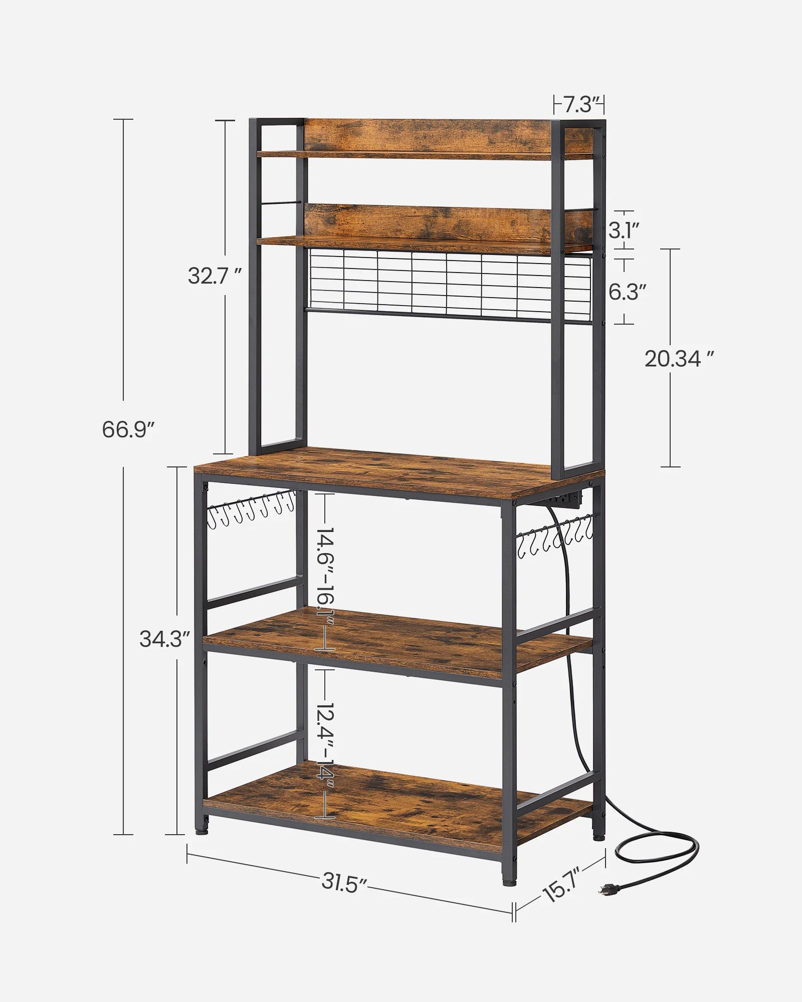 Kitchen Shelf with 6 Hooks and Metal Frame Kitchen Storage Rack Industrial Design Microwave Shelf